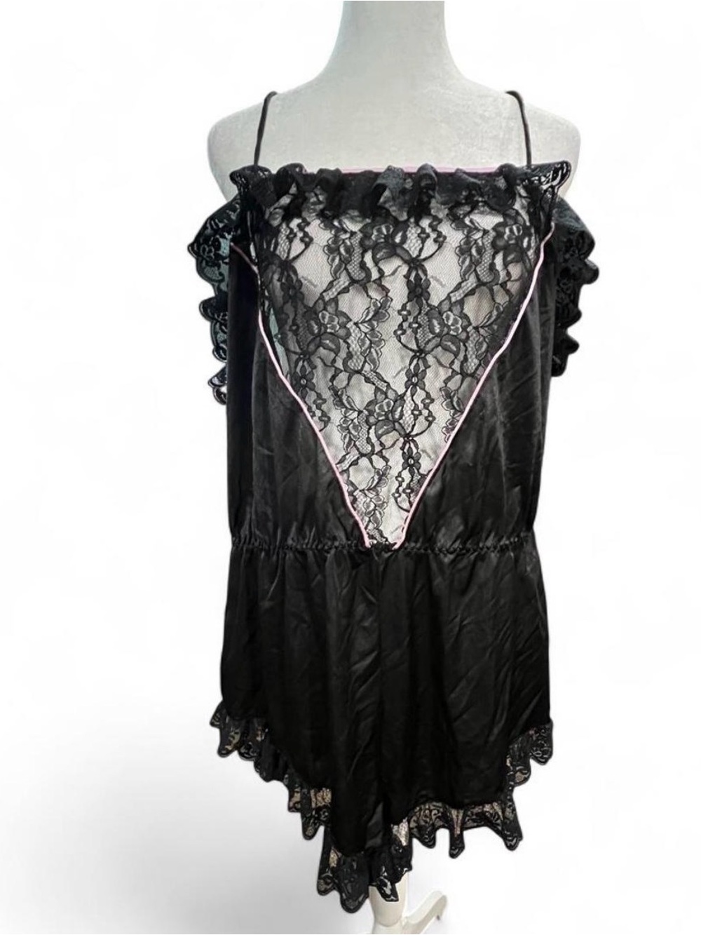 Rare 70’s Vintage Black Lace Satin Teddy Pink Trim - Women Intimates & Sleepwear